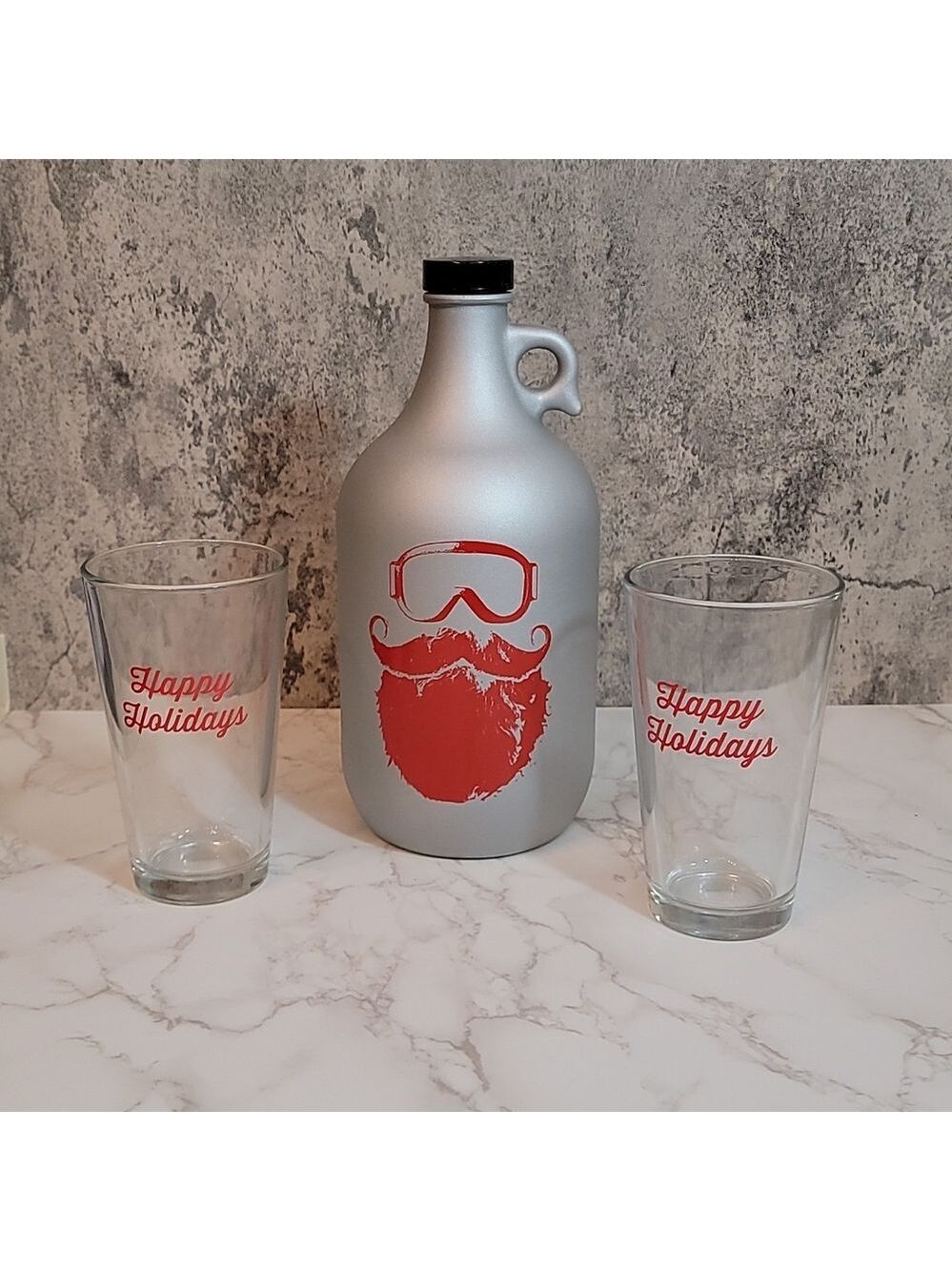 Holiday Silver Growler Santa Beer Ski Goggles Happy Holidays